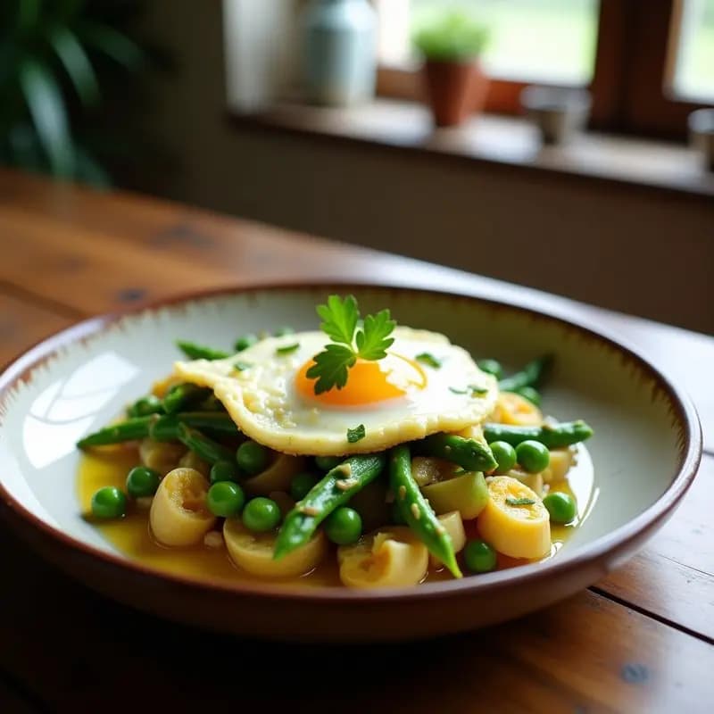 Plato hondo de barro con menestra de verduras primaverales (alcachofas, habas, guisantes y espárragos trigueros) salteadas, coronadas con huevos revueltos cremosos y perejil fresco. Fondos de cocina rústica con luz natural.