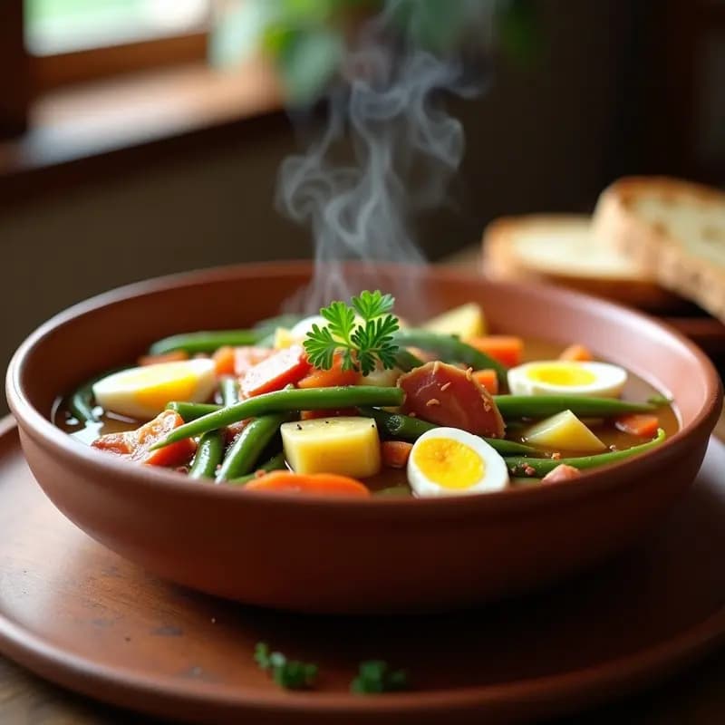 Plato hondo de barro con menestra de verduras vasca, colorida y humeante, con judías verdes, zanahorias, alcachofas, pimiento verde y taquitos de jamón serrano, coronada con cuartos de huevo duro y perejil fresco. Fondo rústico de madera con pan tostado.