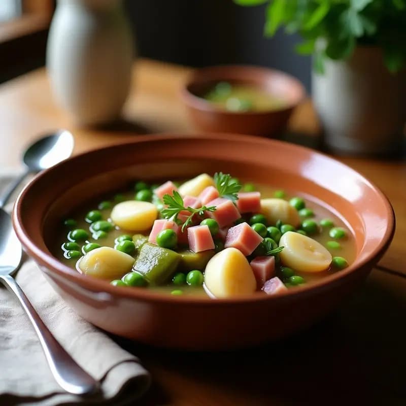 Plato hondo de barro con menestra de verduras con jamón navarra, alcachofas, habas y guisantes bañados en caldo ligero, decorado con perejil fresco y taquitos de jamón serrano.