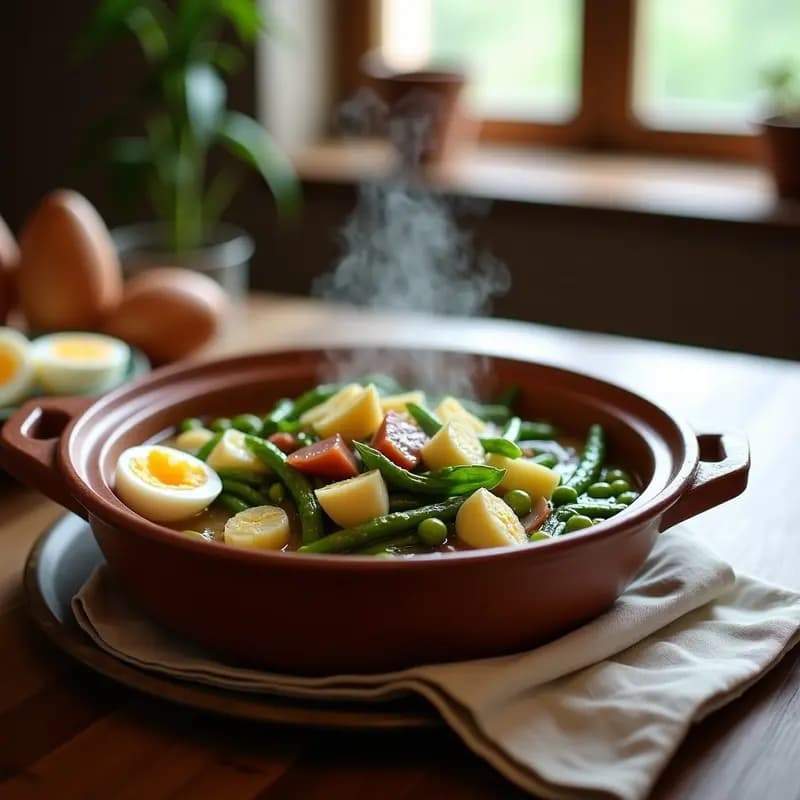 Cazuela de barro humeante con menestra de verduras vasca, llena de alcachofas, habas, espárragos y taquitos de jamón serrano, acompañada de huevos duros. Plato tradicional de temporada con colores vibrantes.