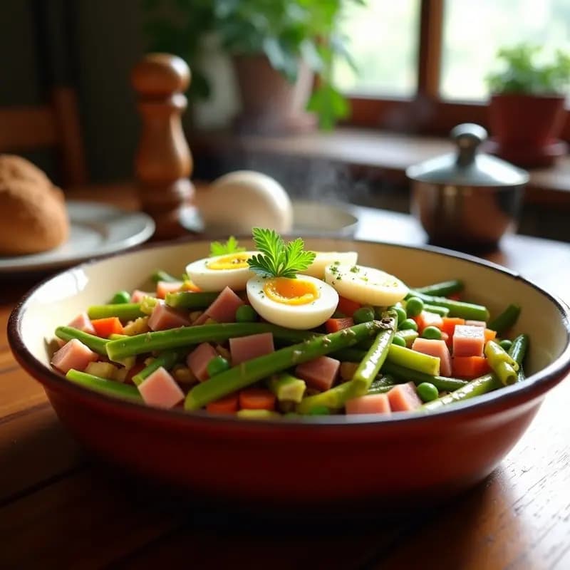 Plato hondo de barro con menestra de verduras coloridas (espárragos, pimiento, calabacín, zanahoria y guisantes) mezcladas con taquitos de jamón de York, coronado con cuartos de huevo duro y perejil fresco. Receta navarra de aprovechamiento casera.
