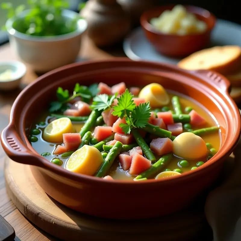 Cazuela de barro humeante con menestra de verduras con jamón: alcachofas, habas, espárragos y guisantes bañados en un caldo dorado, decorado con perejil fresco y taquitos de jamón serrano.