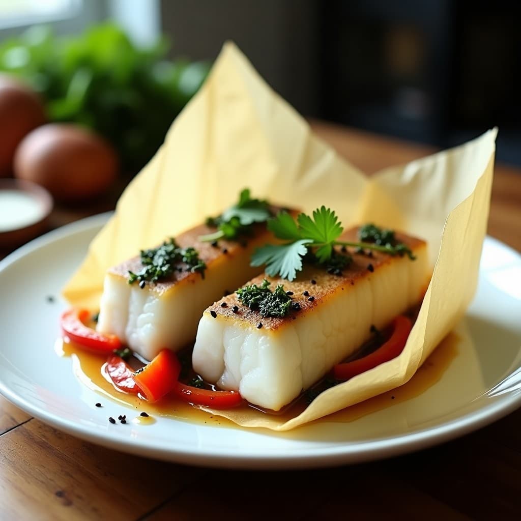 Filetes de merluza en papillote abiertos, cocinados al horno con algas wakame hidratadas, jengibre rallado, cebolla morada y pimiento rojo. Decorados con semillas de sésamo negro y cilantro fresco, sobre un plato blanco con fondo de madera rústica.