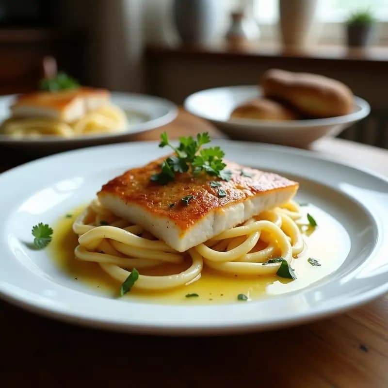 Plato blanco con filetes de merluza a la romana dorados y crujientes, bañados en una salsa verde espesa con almejas, perejil fresco y rodajas de limón. Receta tradicional española de pescado rebozado.