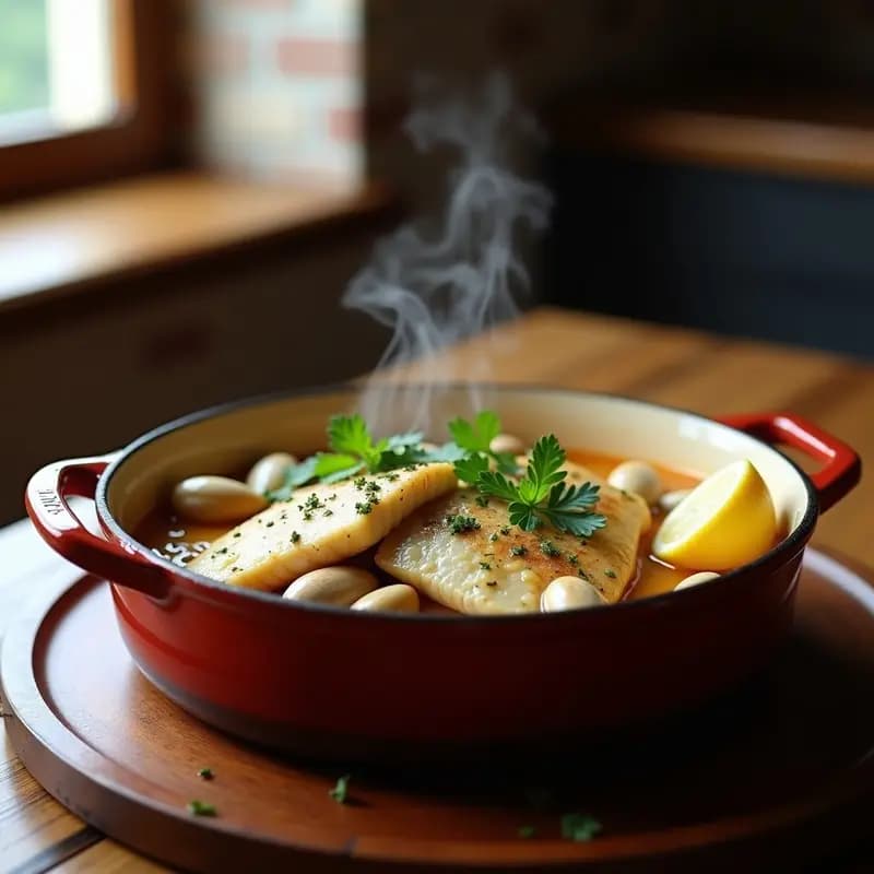 Plato de merluza en salsa de almejas y ajo, receta gallega sin gluten, servida en cazuela de barro con perejil fresco y rodaja de limón.