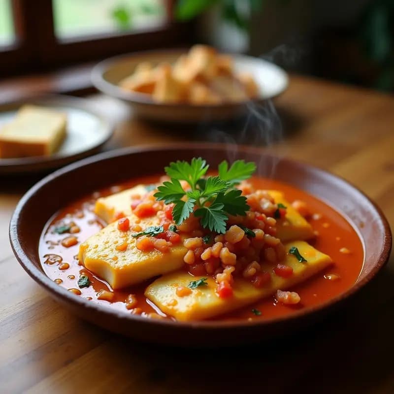 Cazuela de barro con merluza en salsa de txangurro, rodajas de pescado blanco cubiertas por una salsa espesa de color naranja oscuro con trocitos de cangrejo, decorada con perejil fresco y servida con pan rústico al lado.