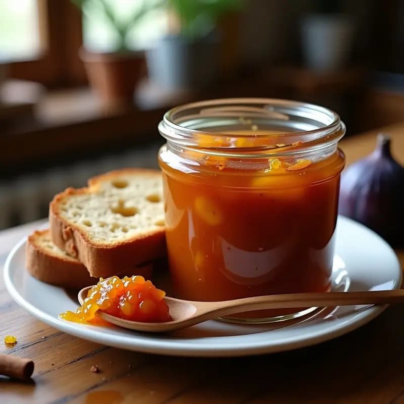 Tarro de cristal transparente lleno de mermelada de higos con canela y ralladura de naranja, con una cuchara de madera y un trozo de pan tostado al lado.