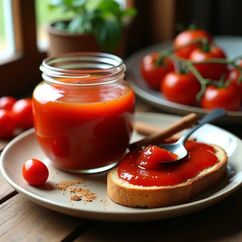 Tarros de vidrio transparente llenos de mermelada de tomate casera con canela, textura cremosa y color rojo intenso, sobre una mesa de madera rústica con una tostada untada y una rama de canela al lado.