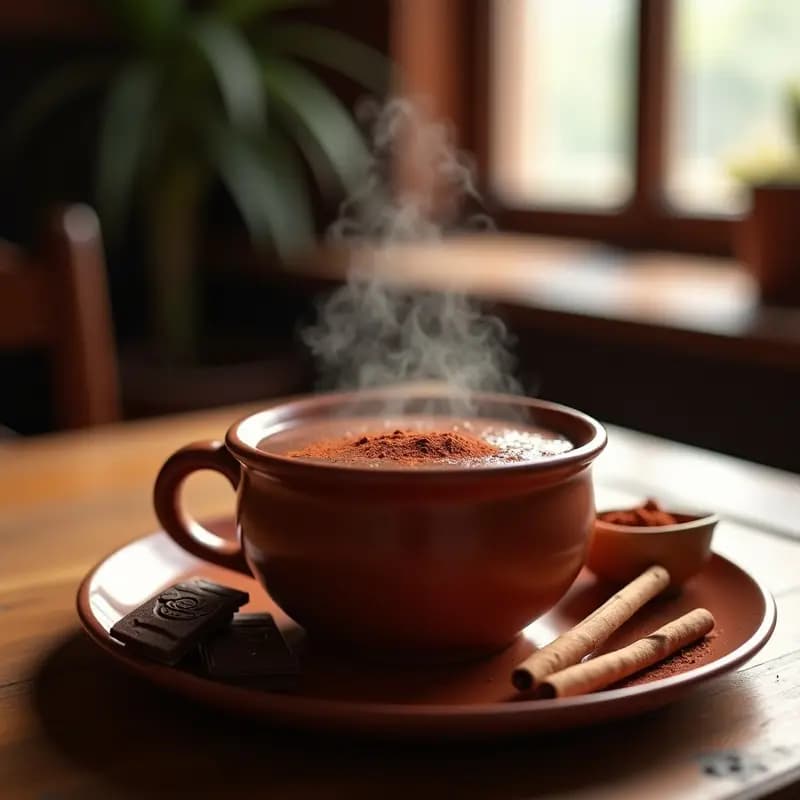 Taza de barro humeante con Mexican Hot Chocolate con chile y canela, espolvoreado con chile en polvo, sobre mesa de madera rústica con canela en rama y tableta de chocolate mexicano al lado.