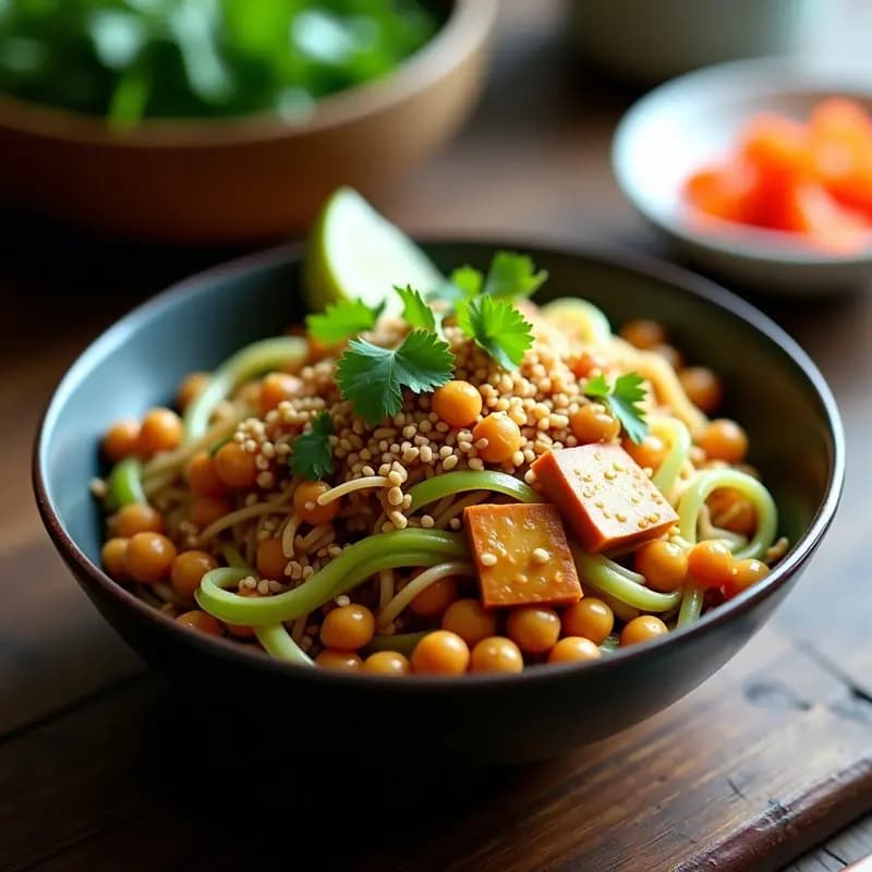 Plato de mie goreng vegana con fideos de arroz integral salteados, garbanzos dorados, repollo verde crujiente, trozos de tofu y cacahuetes tostados, decorado con cilantro fresco y rodaja de limón, servido en un bol de cerámica oscura sobre fondo rústico.
