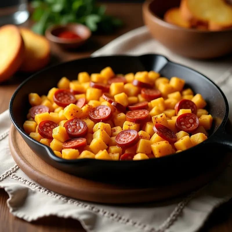 Sartén de hierro con migas aragonesas doradas, trozos de chorizo fresco y cubos de sobaos pasiegos, decorada con pimentón espolvoreado.