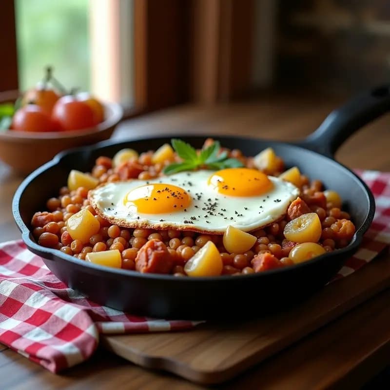 Sartén de hierro con migas aragonesas doradas, trozos de panceta crujiente, uvas blancas frescas y huevos fritos con yema líquida encima. Plato rústico y tradicional español.