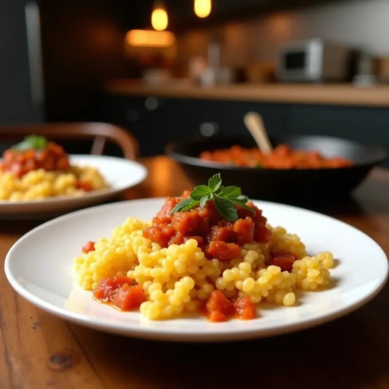 Plato hondo de barro con migas canarias doradas, trozos de chorizo fresco y huevo cuajado, acompañadas de salsa de mojo picón rojo en un cuenco pequeño a un lado. Fondos rústicos y textura crujiente.