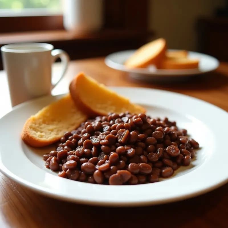 Plato hondo de barro con migas doradas y crujientes, chorizo y panceta, bañadas en chocolate caliente espeso. Acompañadas de churros recién fritos y espolvoreados con canela, sobre una mesa rústica de madera con taza de café.