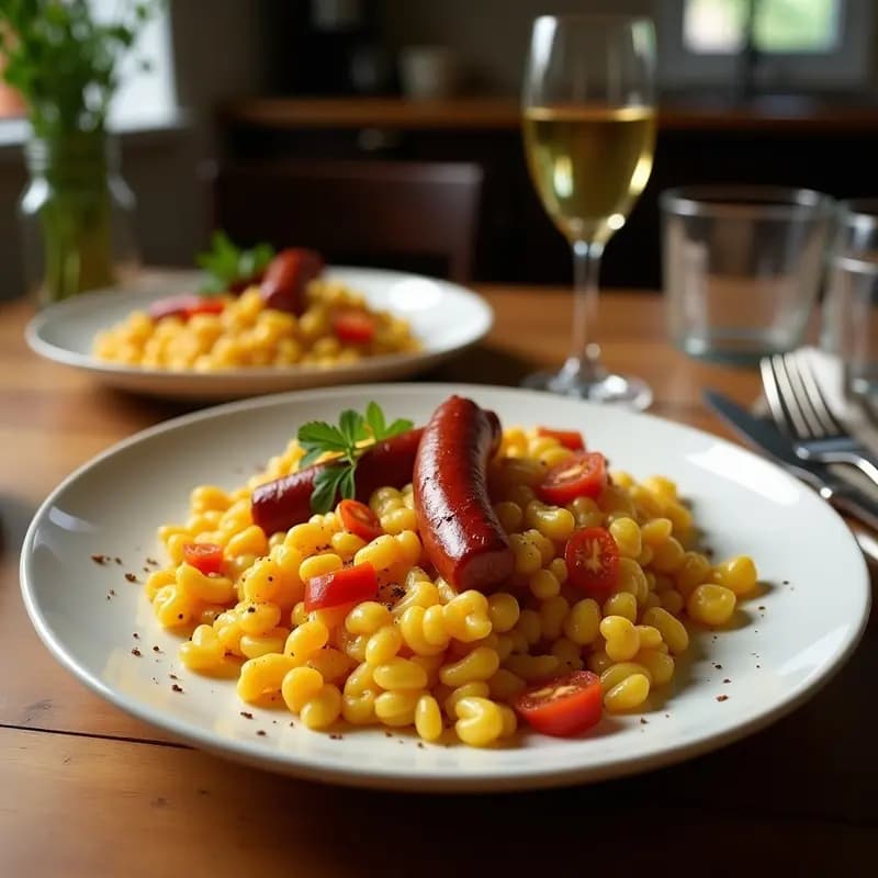 Plato rústico de barro con migas doradas y crujientes, trozos de chorizo fresco, cuartos de higo maduro y un huevo frito con yema líquida encima. Fondo de cocina tradicional con sartén de hierro y pan duro desmigado.