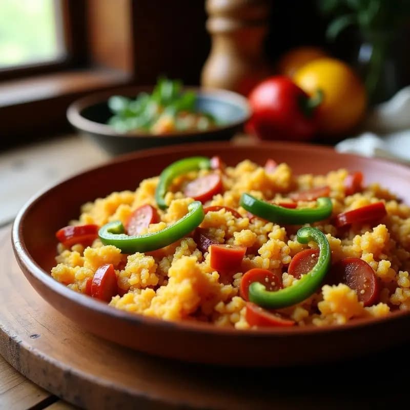 Plato hondo de barro con migas extremas doradas, trozos de chorizo, pimientos verdes y huevo cuajado, receta de aprovecho rústica y tradicional.