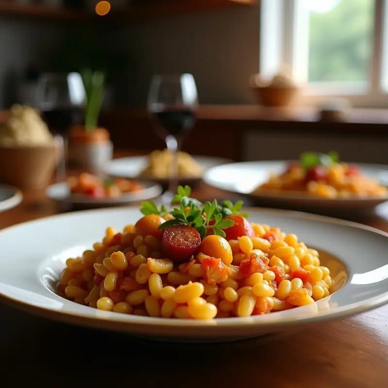 Plato rústico de barro con migas doradas y crujientes, trozos de chorizo fresco jugoso y uvas blancas brillantes, acompañado de huevos fritos con yema líquida. Receta tradicional aragonesa de pastores.