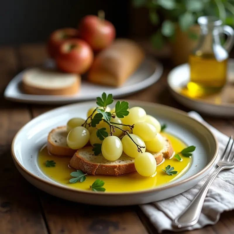Plato rústico de barro con migas doradas de pan, trozos de chorizo y panceta, coronado con uvas blancas brillantes y huevo cuajado. Receta tradicional de migas con uvas de la Rioja, equilibrio perfecto entre dulce y salado.