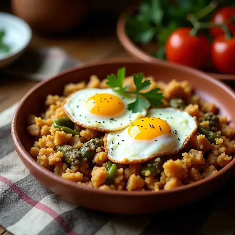 Plato hondo de barro con migas extremaduras doradas, sardinas desmenuzadas, pimientos verdes salteados y huevo frito encima, decorado con perejil fresco. Receta tradicional de desayuno contundente y saludable.