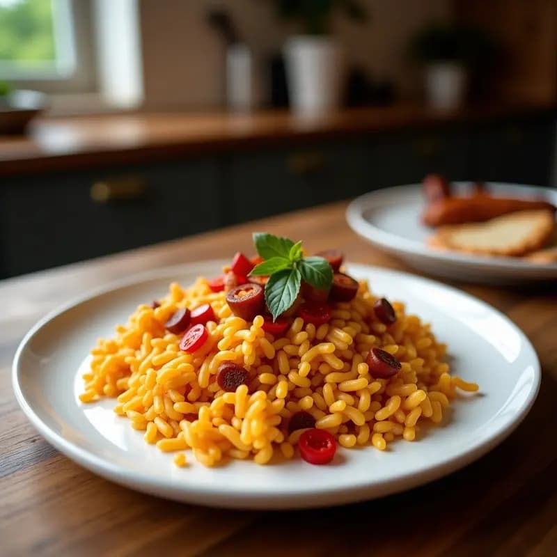 Sartén de hierro con migas extremeñas doradas y crujientes, trozos de chorizo español y huevo frito encima, espolvoreadas con perejil fresco. Plato rústico de fondo con pimentón y ajo.