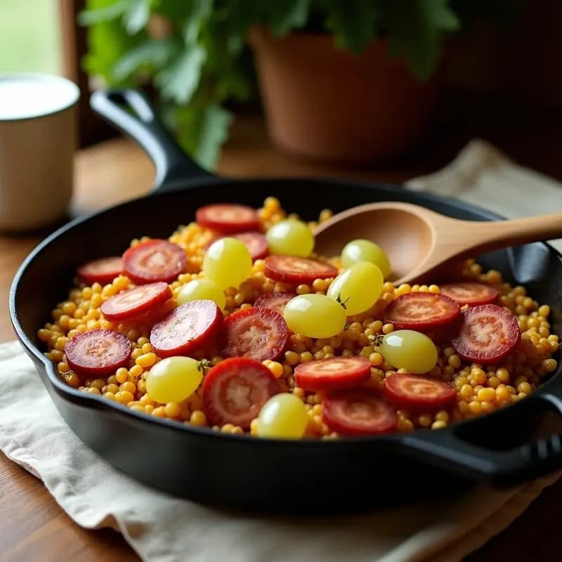Plato rústico de migas extremaduras doradas con trozos de chorizo frito y uvas blancas frescas, típico desayuno de pastor español.