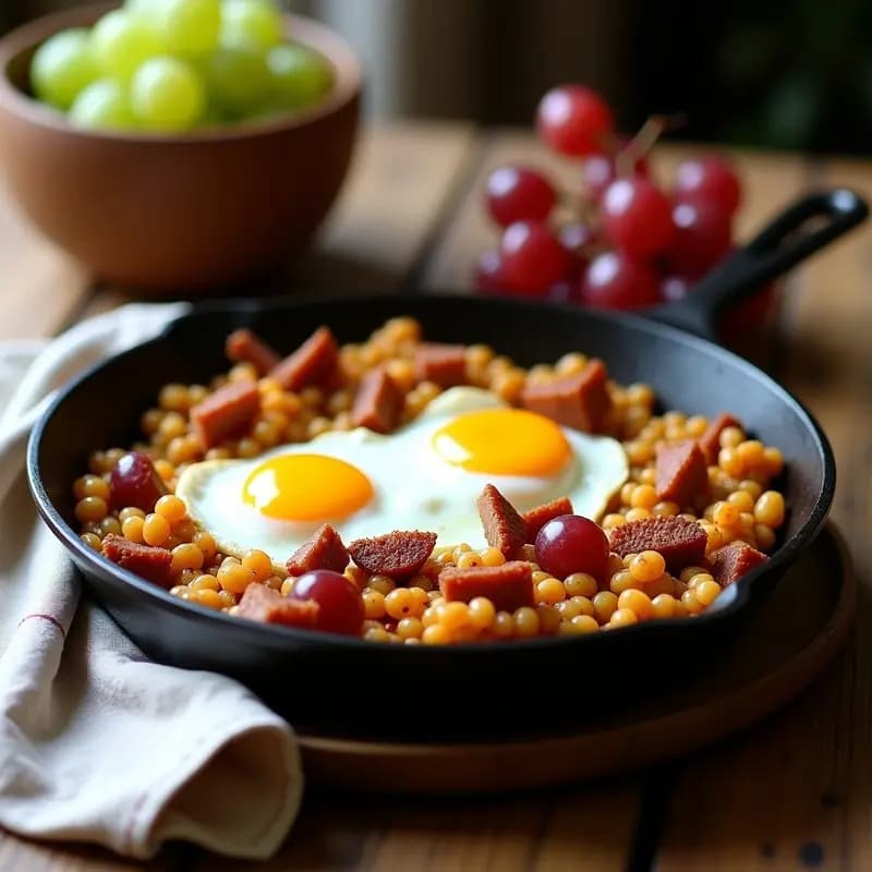 Sartén de hierro con migas extremeñas doradas, trozos crujientes de torrezno, uvas frescas enteras y huevos fritos en el centro, receta tradicional de aprovechamiento.