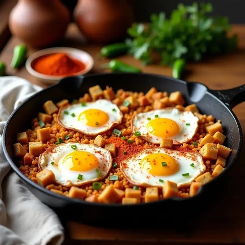 Sartén de hierro fundido con migas extremadureñas doradas, trozos de sardinas en aceite, huevos fritos con yema líquida y un espolvoreado de pimentón dulce, receta tradicional de aprovechamiento.