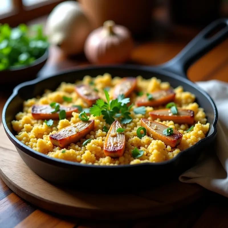 Sartén de hierro con migas de harina doradas, trozos de sardinas desmenuzadas y ajos enteros dorados. Plato rústico de madera con perejil picado por encima y fondo de cocina tradicional española.