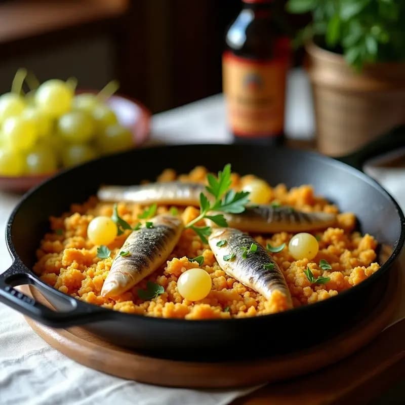 Plato hondo de barro con migas murcianas doradas, trozos de sardinas en aceite, uvas moscatel partidas y huevos escalfados encima. Fondo rústico con pan duro y aceitunas.