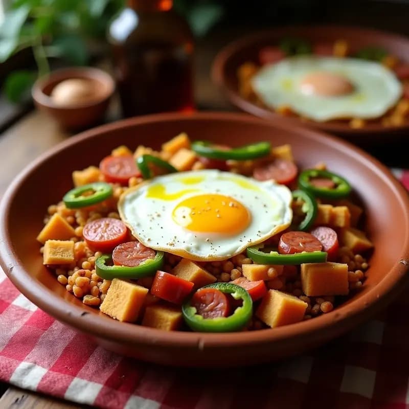 Plato rústico de barro con migas de pan doradas, trozos de chorizo ibérico y pimientos del Padrón, coronado con huevos fritos y sal gorda, receta extremeña tradicional.