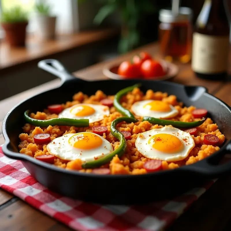 Sartén de hierro con migas de pan doradas y crujientes, trozos de chorizo jugoso, pimientos verdes salteados y huevos fritos con yema líquida, receta andaluza de aprovechamiento.