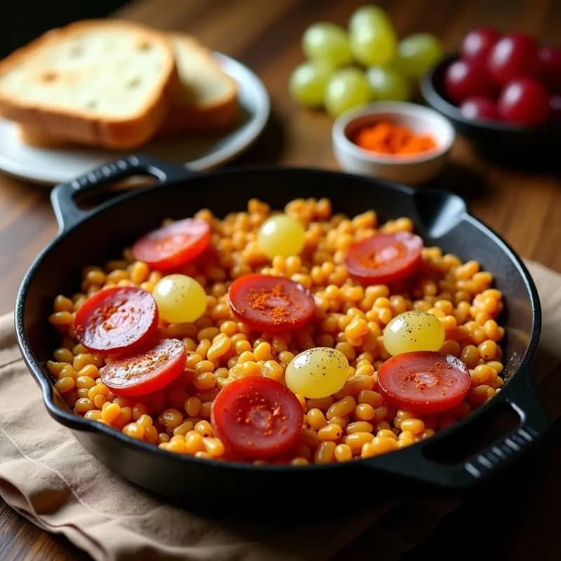 Sartén de hierro con migas de pan doradas, trozos de chorizo ibérico y uvas blancas cortadas por la mitad, receta tradicional extremeña.