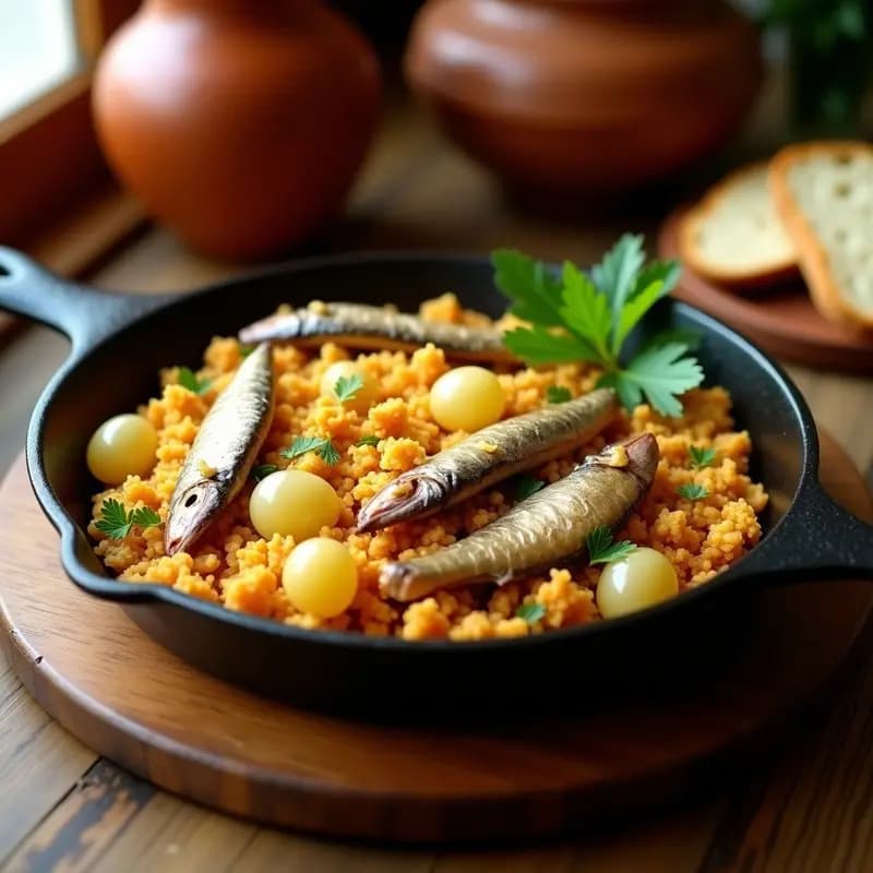 Sartén de hierro con migas de pan doradas, trozos de sardinas desmenuzadas y uvas blancas enteras, decoradas con perejil fresco. Plato rústico y tradicional extremeño de aprovechamiento.