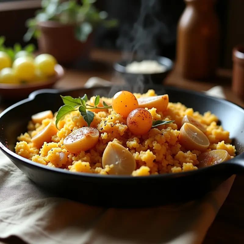 Sartén de hierro con migas doradas y crujientes, trozos de sardeinas desmenuzadas, uvas moscatel cortadas por la mitad y huevo cuajado en trozos. Plato tradicional extremeño de aprovechamiento con pimentón de la Vera, servido en un mantel rústico de lino.