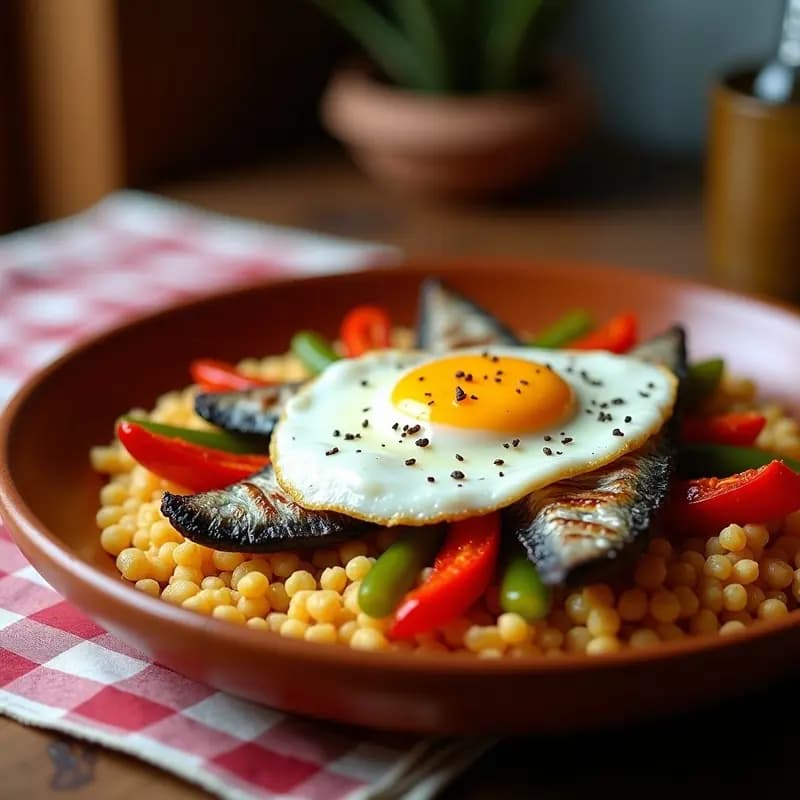 Plato hondo de barro con migas doradas y crujientes, filetes de sardina frita encima, tiras de pimientos asados rojos y verdes, y un huevo frito coronando el conjunto. Receta típica andaluza de migas con sardinas y pimientos asados.
