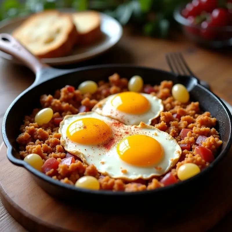 Sartén de hierro con migas doradas y crujientes, trozos de tocino ahumado, uvas blancas enteras y huevos fritos integrados, típico plato de aprovechamiento castellano con contraste dulce-salado.