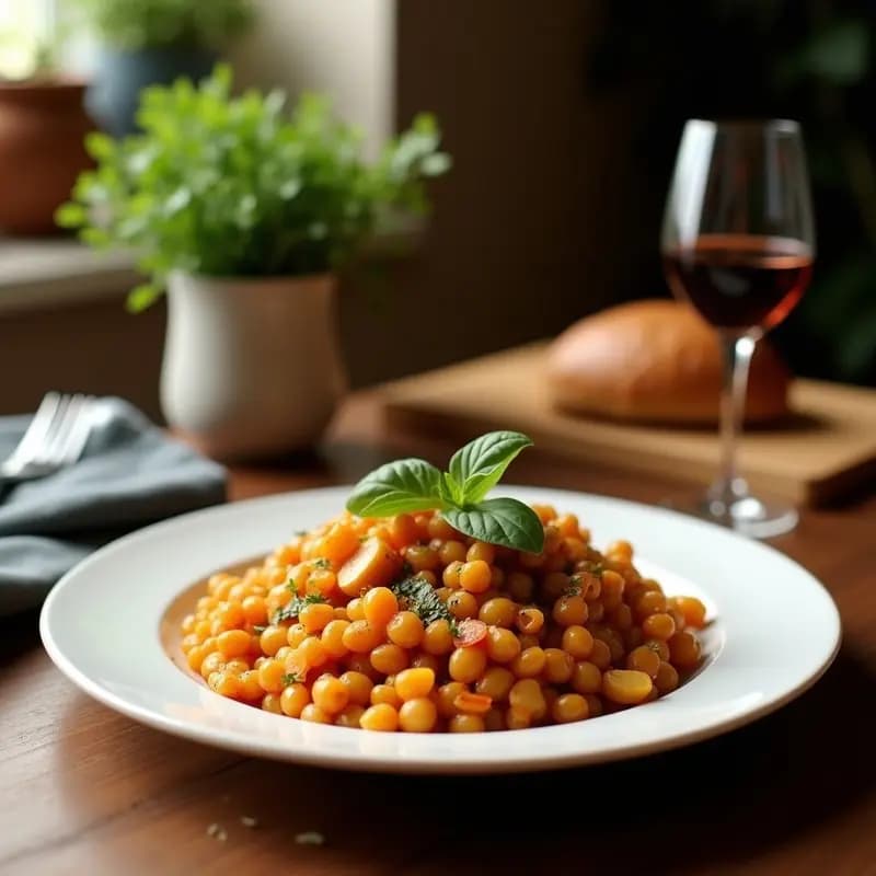 Plato hondo de barro con migas aragonesas doradas, trozos de longaniza fresca, uvas blancas enteras y cortadas, huevos cuajados y almendras fileteadas. Receta tradicional de aprovecho dulce y salada.