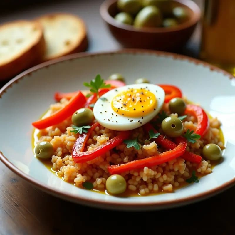 Plato blanco rústico con migitas de bacalao desmenuzado, pimientos asados en tiras, huevo duro picado y aceitunas verdes, bañadas en vinagreta dorada. Tapa extremeña tradicional servida con pan tostado al lado.