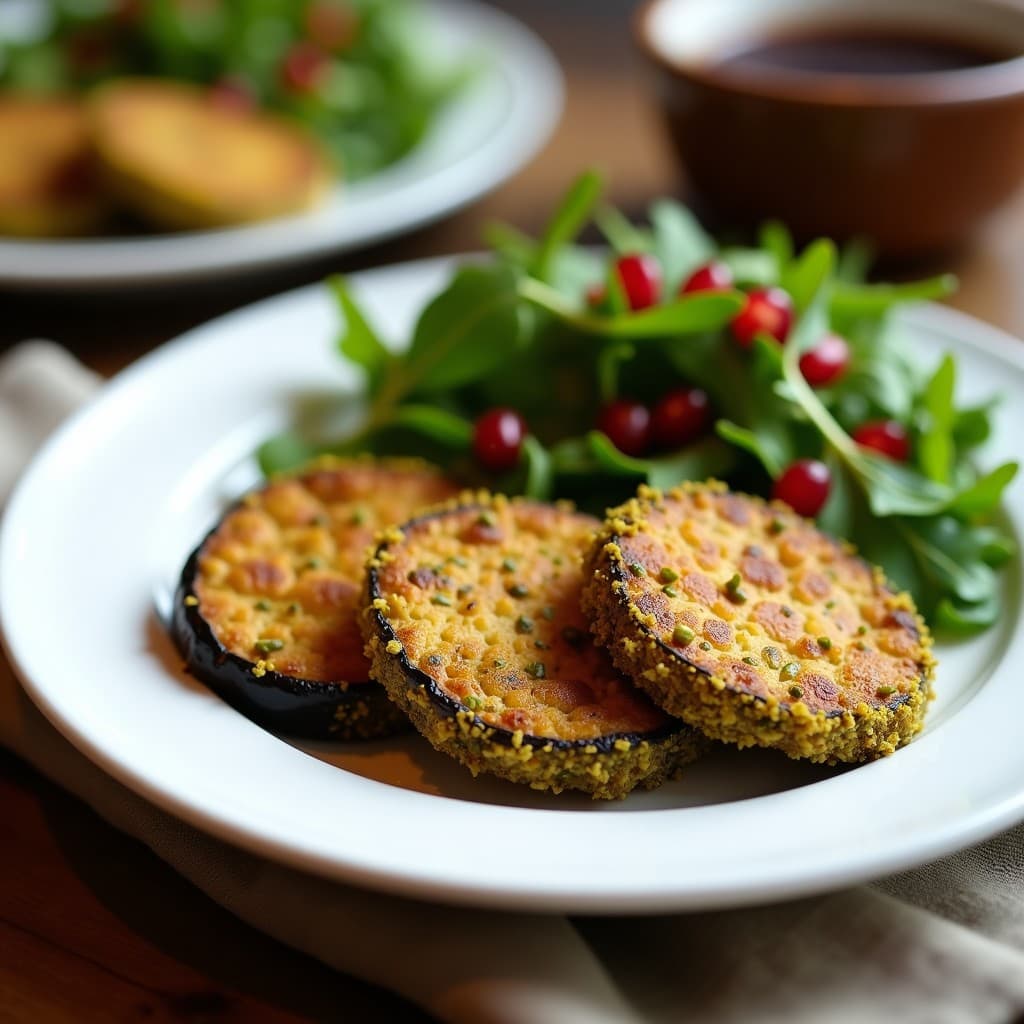 Milanesas doradas de berenjena con crust de pistacho triturado, servidas en un plato blanco con ensalada de rúcula y granada al lado. Receta vegana italiana en airfryer.