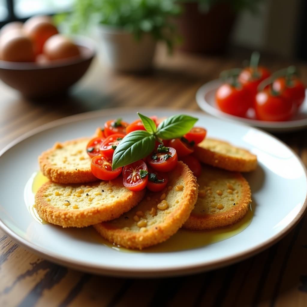Milanesas de berenjena doradas y crujientes en plato blanco, cubiertas con tomate seco picado y hojas de albahaca fresca, receta italiana en Airfryer sin gluten.