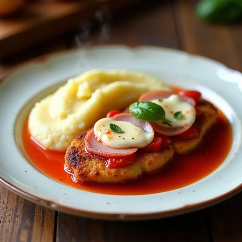 Plato blanco con milanesa a la napolitana dorada y gratinada con queso fundido, cubierta de salsa de tomate roja y albahaca fresca, acompañada de puré de papas cremoso en un costado.