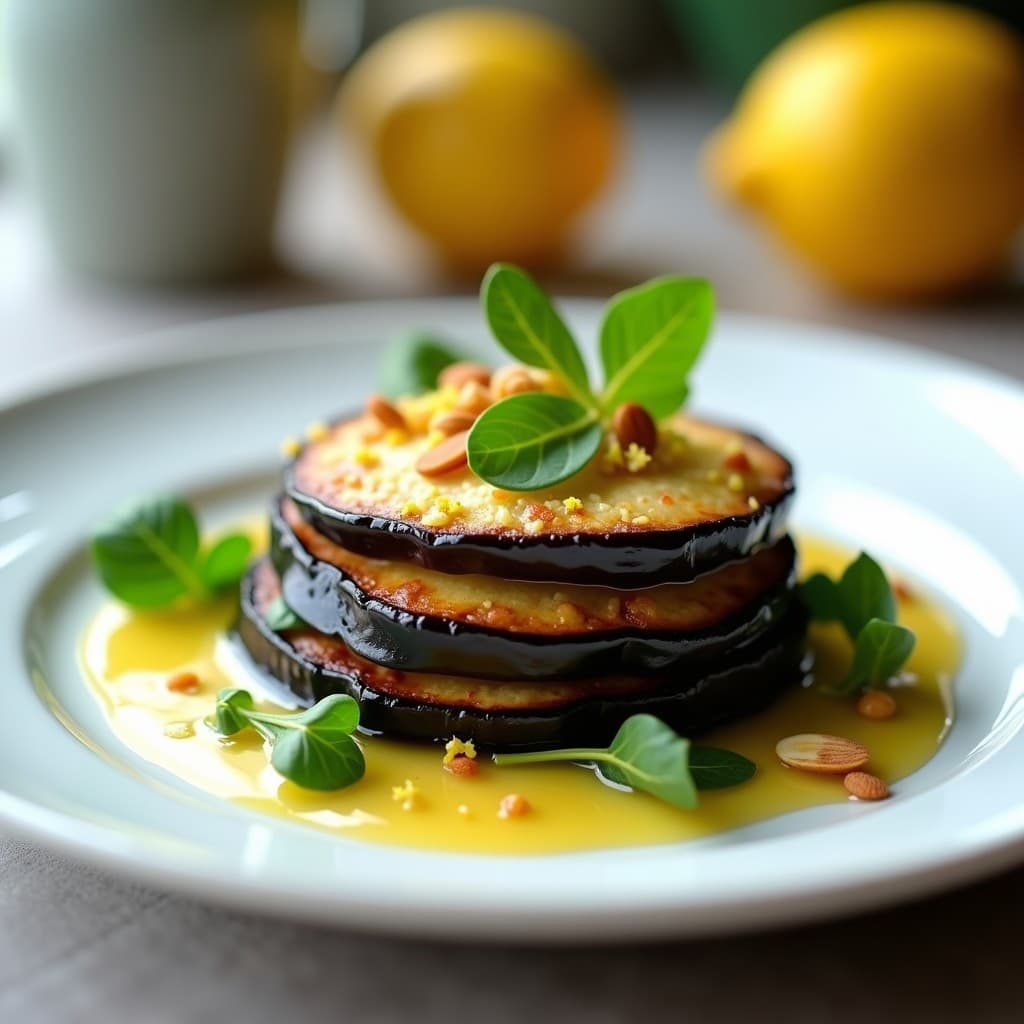 Plato blanco elegante con milhojas de berenjena asada, berro fresco y vinagreta de mostaza, decorado con almendras fileteadas y zest de limón. Entrante vegano y bajo en calorías con capas perfectamente alineadas.