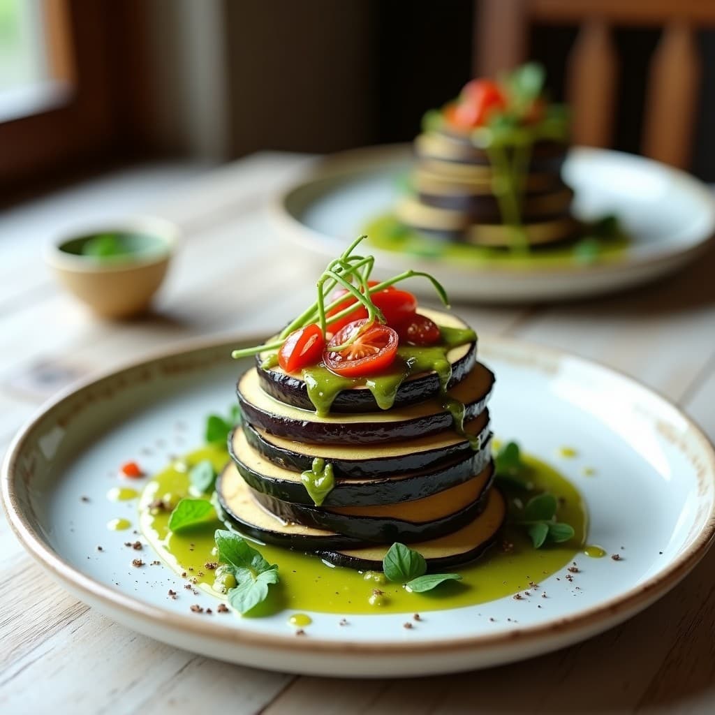 Milhojas crudiveganas de berenjena, calabacín y aubergina apiladas en capas finas, con pesto de albahaca verde intenso, tomates secos en tiras y germinados de rábano como decoración. Plato blanco rústico sobre fondo de madera clara.