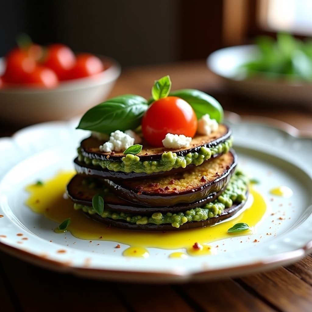 Milhojas de berenjena asada en capas con pesto de rúcula verde intenso y queso de cabra desmenuzado, decorado con tomates cherry y hojas de albahaca sobre un plato blanco rústico. Receta italiana sin horno y alta en fibra.