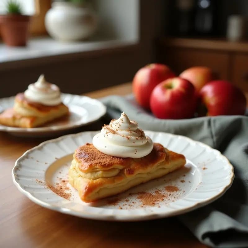 Milhojas de manzana y canela con crema de coco vegano: capas finas de manzana dorada apiladas con pasta de dátiles, cubiertas de crema de coco esponjosa, coco rallado y almendras fileteadas, servidas en plato blanco sobre fondo rústico.