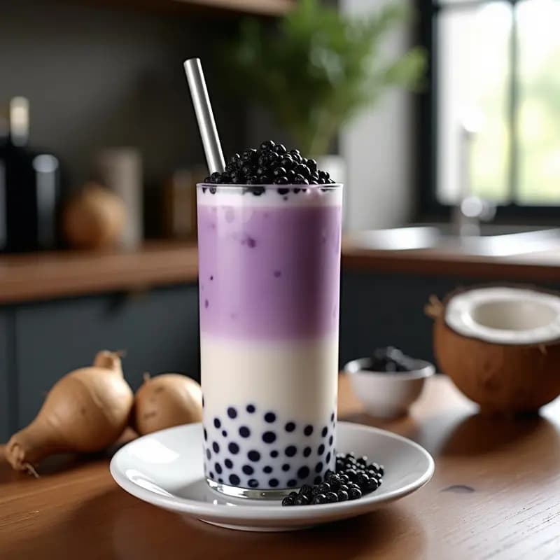 Vaso alto transparente con Milk Tea de Taro y Perlas de Tapioca, mostrando capas de puré morado, leche cremosa y perlas negras en el fondo. Servido con hielo y pajita ancha sobre una mesa de madera rústica.