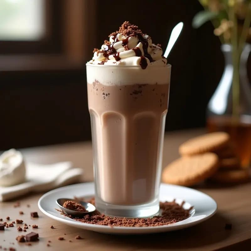 Vaso alto de cristal repleto de milkshake espeso de color marrón claro, con capas visibles de trozos de brownie, helado de vainilla y migas de galletas Digestive. Decorado con sirope de chocolate en espiral, crema de avellanas y una galleta entera en el borde. Fondo borroso de cocina con luz cálida.