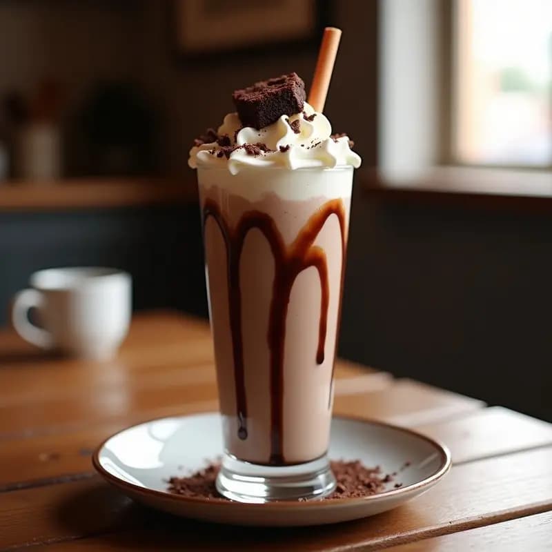 Vaso alto de cristal con milkshake de brownies y nata montada, decorado con trozos de brownie, virutas de chocolate y sirope de chocolate derramado por los bordes. Postre americano cremoso y ultraindulgente.