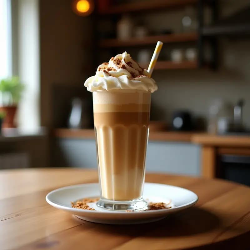 Vaso alto transparente con milkshake de café helado y proteína de guisante, capas de espuma cremosa, mantequilla de cacahuete resbalando por la pared y virutas de cacao en la superficie, sobre fondo oscuro con gotas de condensación.