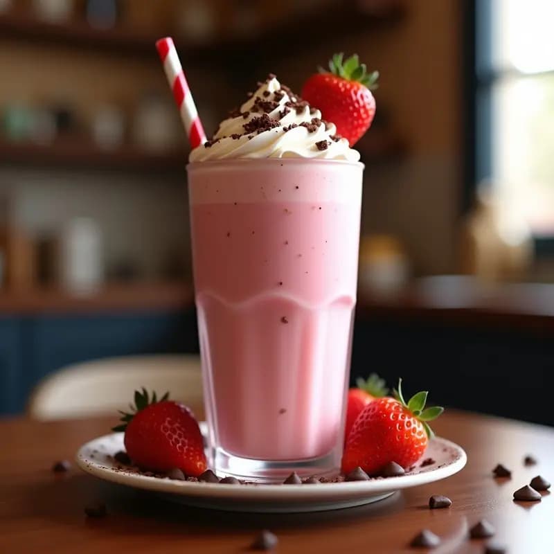 Vaso alto de cristal con milkshake de fresas, vino tinto y helado de vainilla, decorado con nata montada, virutas de chocolate negro y migas de galleta Digestive. Fresas enteras y una pajita de rayas rojas y blancas completan la presentación. Fondo desenfocado con tonos cálidos.